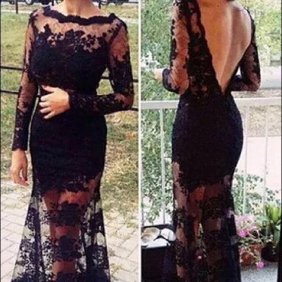 Black open back lace maxi DRC129 - Picture 2 of 6
